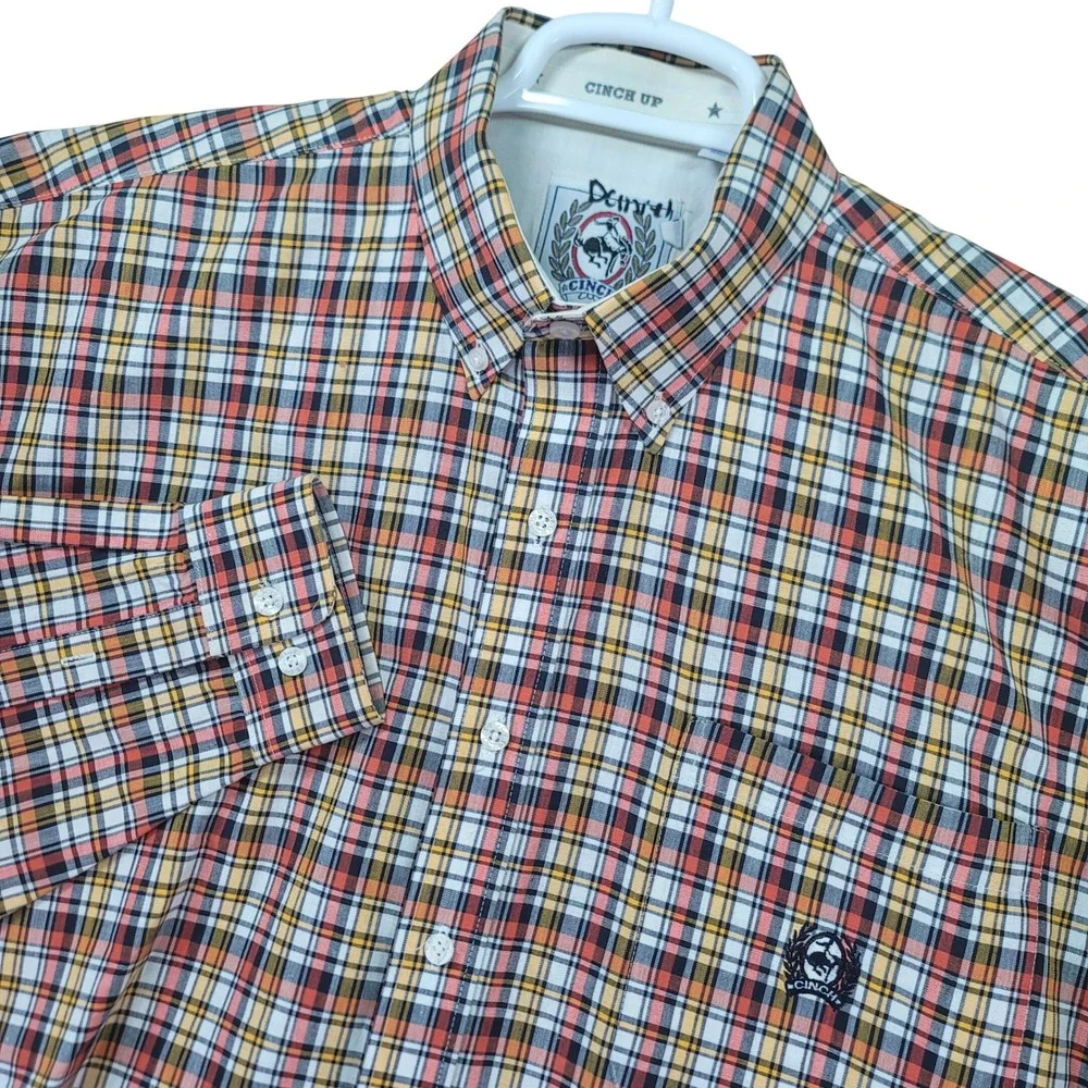 Cinch Western Shirt Mens XL Orange Yellow Plaid Long Sleeve Button Down Cotton - Picture 1 of 8
